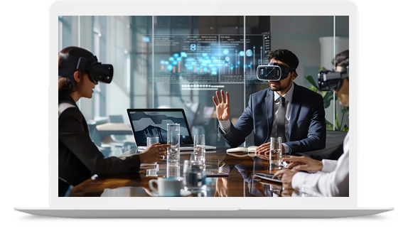 businesspeople wearing vr headsets meeting