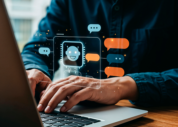 man using laptop with chatbot interface